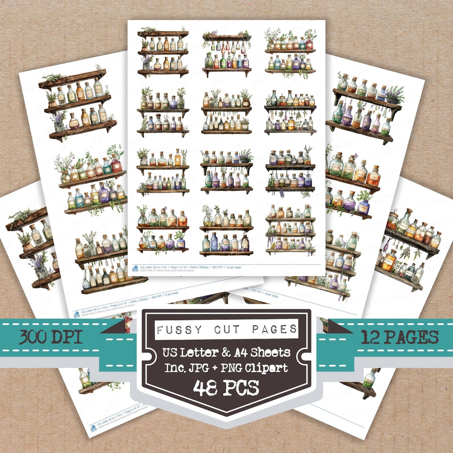 Witchs Potion Shelf fussy cut printable sheets for junk journaling, scrapbooking, and paper craft projects