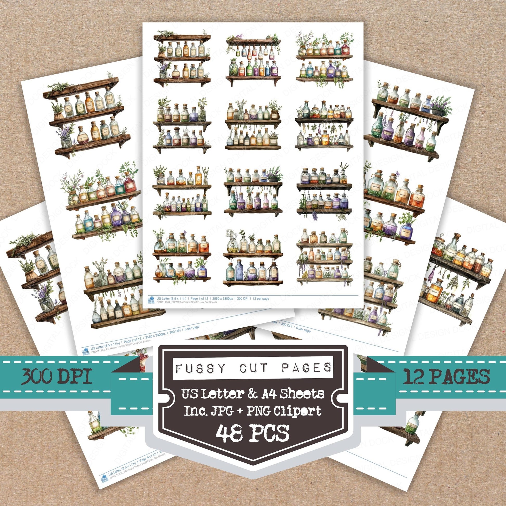 Witchs Potion Shelf fussy cut printable sheets for junk journaling, scrapbooking, and paper craft projects