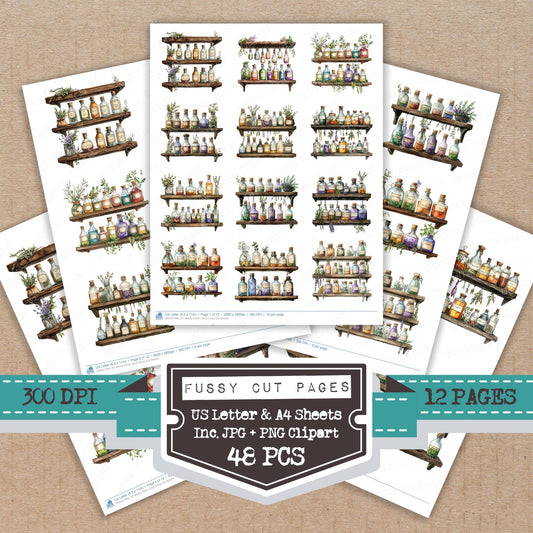 Witchs Potion Shelf fussy cut printable sheets for junk journaling, scrapbooking, and paper craft projects