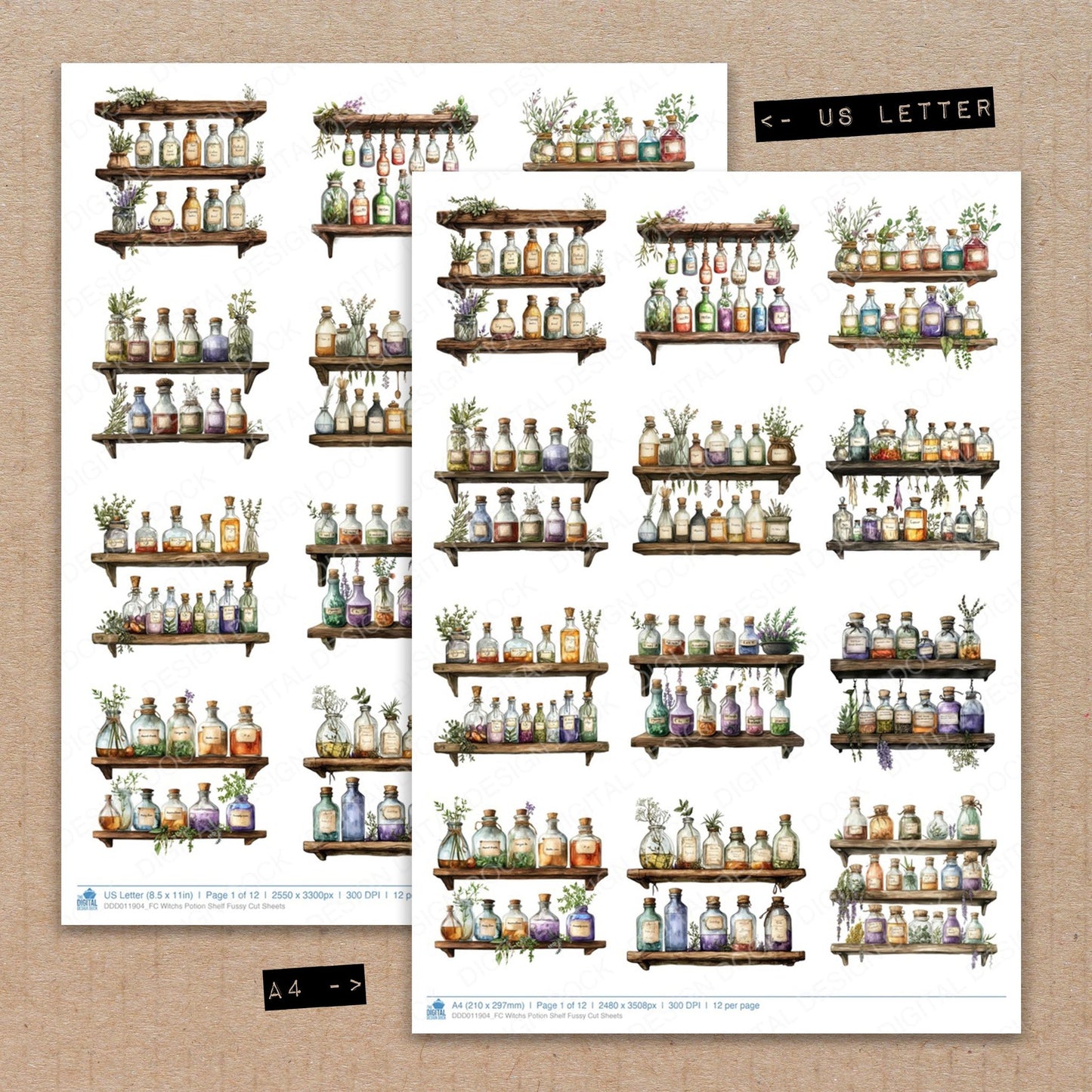 A4 and US Letter format comparison showing Witchs Potion Shelf fussy cut pages for print and cut crafting