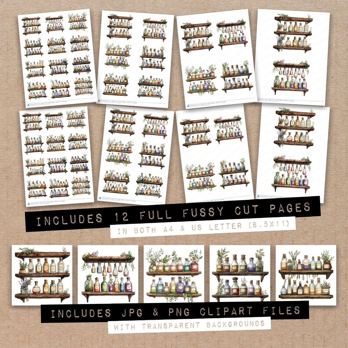 Full collection view of Witchs Potion Shelf fussy cut sheets with bonus clipart JPG and PNG files
