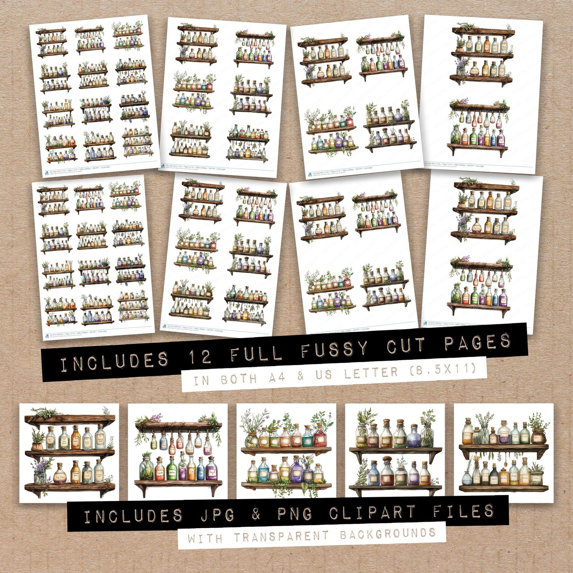 Full collection view of Witchs Potion Shelf fussy cut sheets with bonus clipart JPG and PNG files
