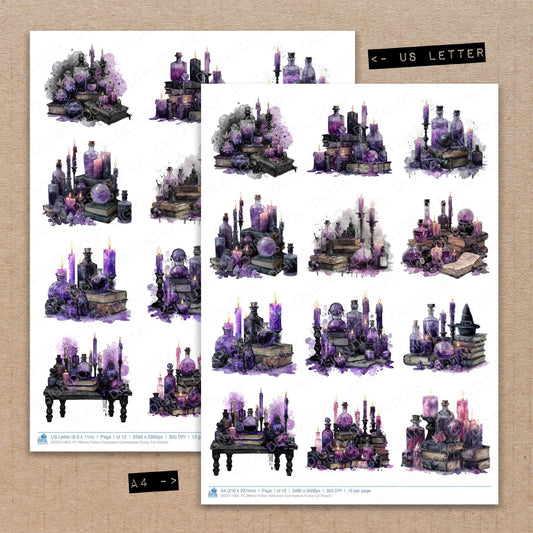 A4 and US Letter format comparison showing Witchy Potion Halloween Centrepiece fussy cut pages for print and cut crafting