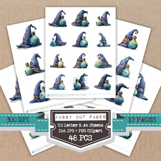 Wizard Hat Potion fussy cut printable sheets for junk journaling, scrapbooking, and paper craft projects