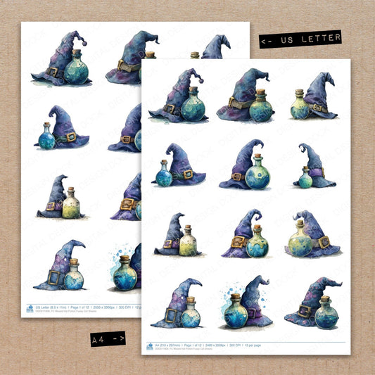 A4 and US Letter format comparison showing Wizard Hat Potion fussy cut pages for print and cut crafting