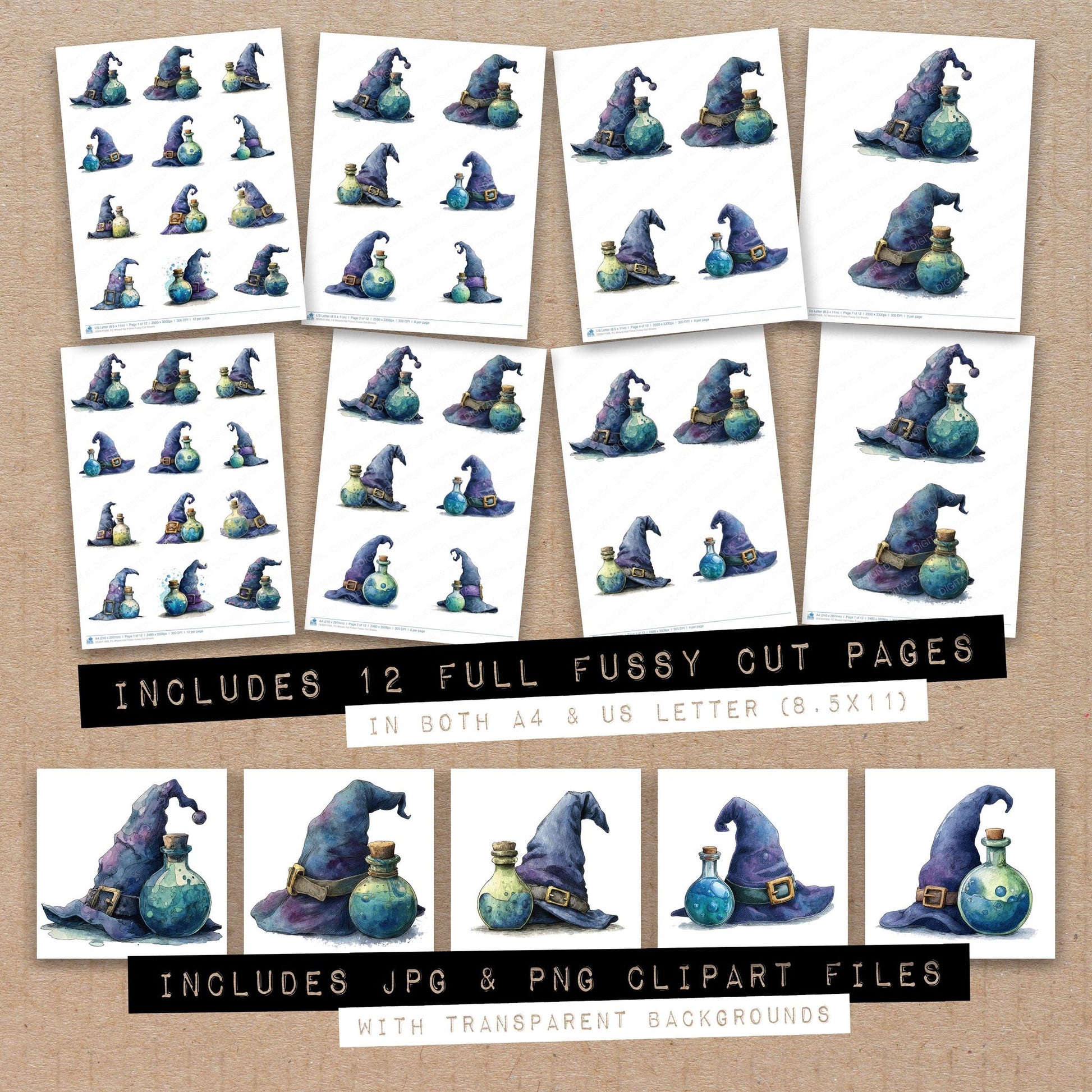 Full collection view of Wizard Hat Potion fussy cut sheets with bonus clipart JPG and PNG files