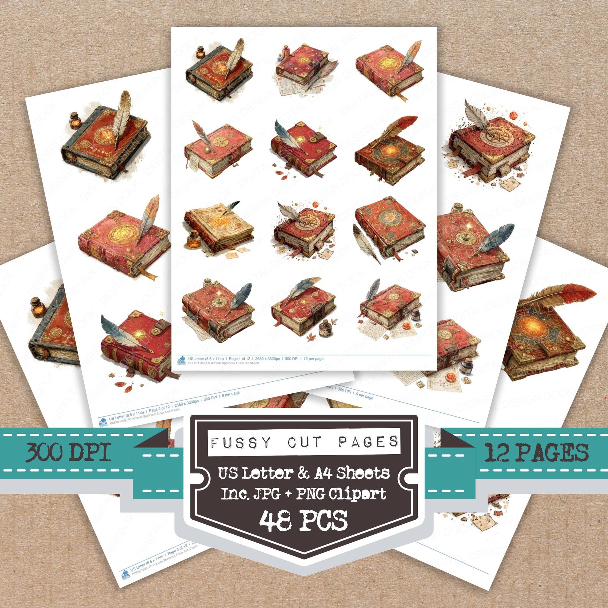 Wizards Spellbook fussy cut printable sheets for junk journaling, scrapbooking, and paper craft projects