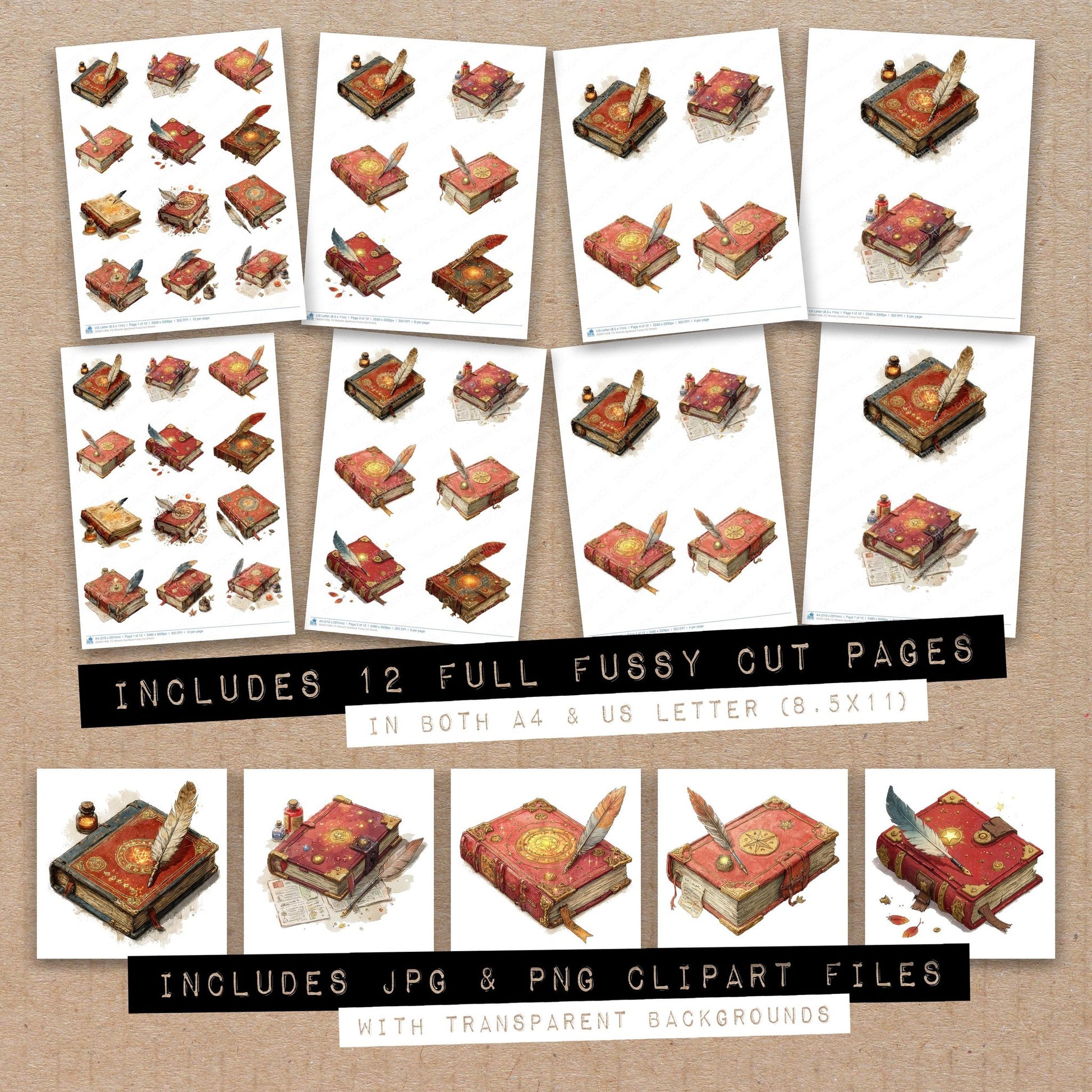 Full collection view of Wizards Spellbook fussy cut sheets with bonus clipart JPG and PNG files