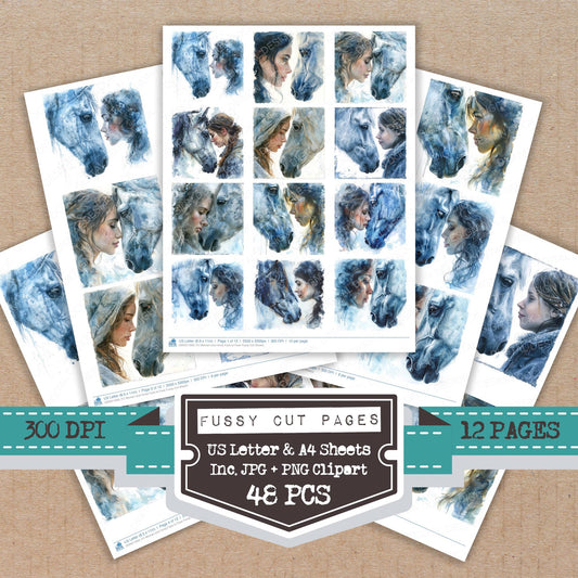 Woman and Horse Face to Face fussy cut printable sheets for junk journaling, scrapbooking, and paper craft projects