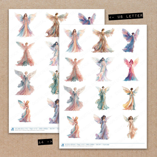 A4 and US Letter format comparison showing Woman Angel Watercolour fussy cut pages for print and cut crafting