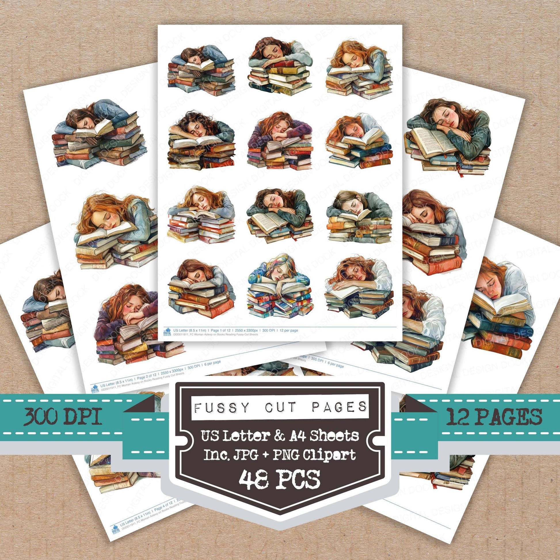 Woman Asleep on Books Reading fussy cut printable sheets for junk journaling, scrapbooking, and paper craft projects