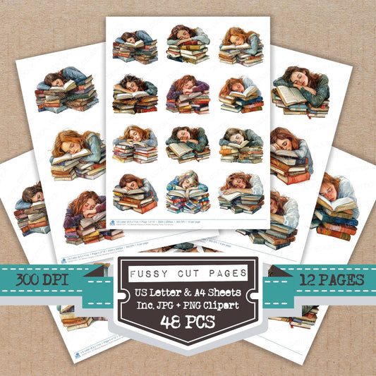Woman Asleep on Books Reading fussy cut printable sheets for junk journaling, scrapbooking, and paper craft projects