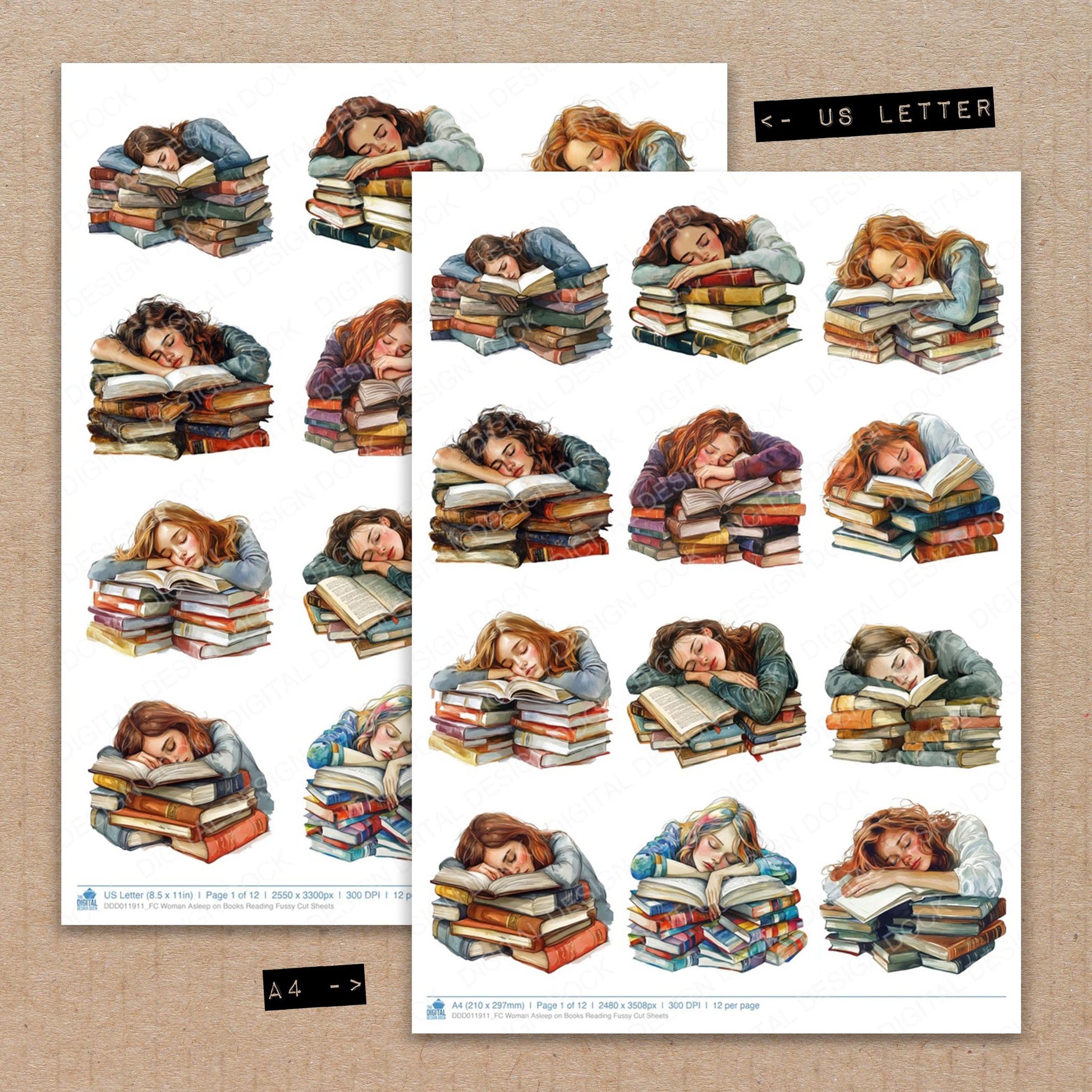 A4 and US Letter format comparison showing Woman Asleep on Books Reading fussy cut pages for print and cut crafting