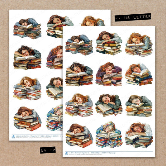 A4 and US Letter format comparison showing Woman Asleep on Books Reading fussy cut pages for print and cut crafting