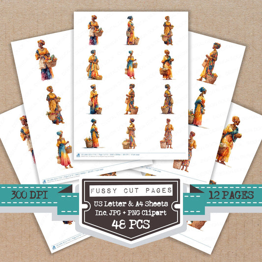 Woman at Fruit Market fussy cut printable sheets for junk journaling, scrapbooking, and paper craft projects