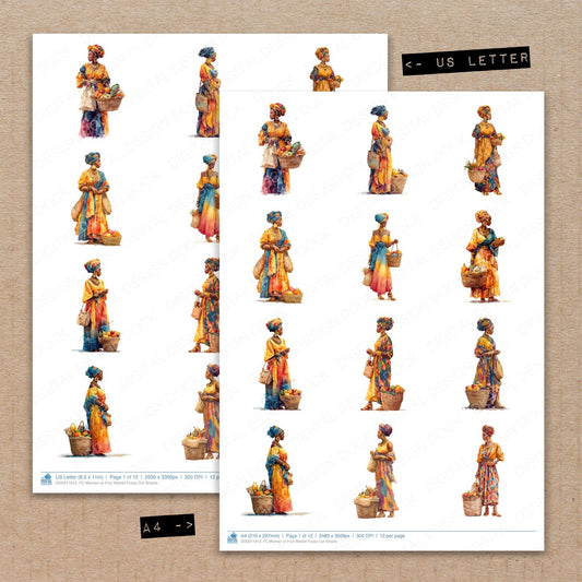 A4 and US Letter format comparison showing Woman at Fruit Market fussy cut pages for print and cut crafting
