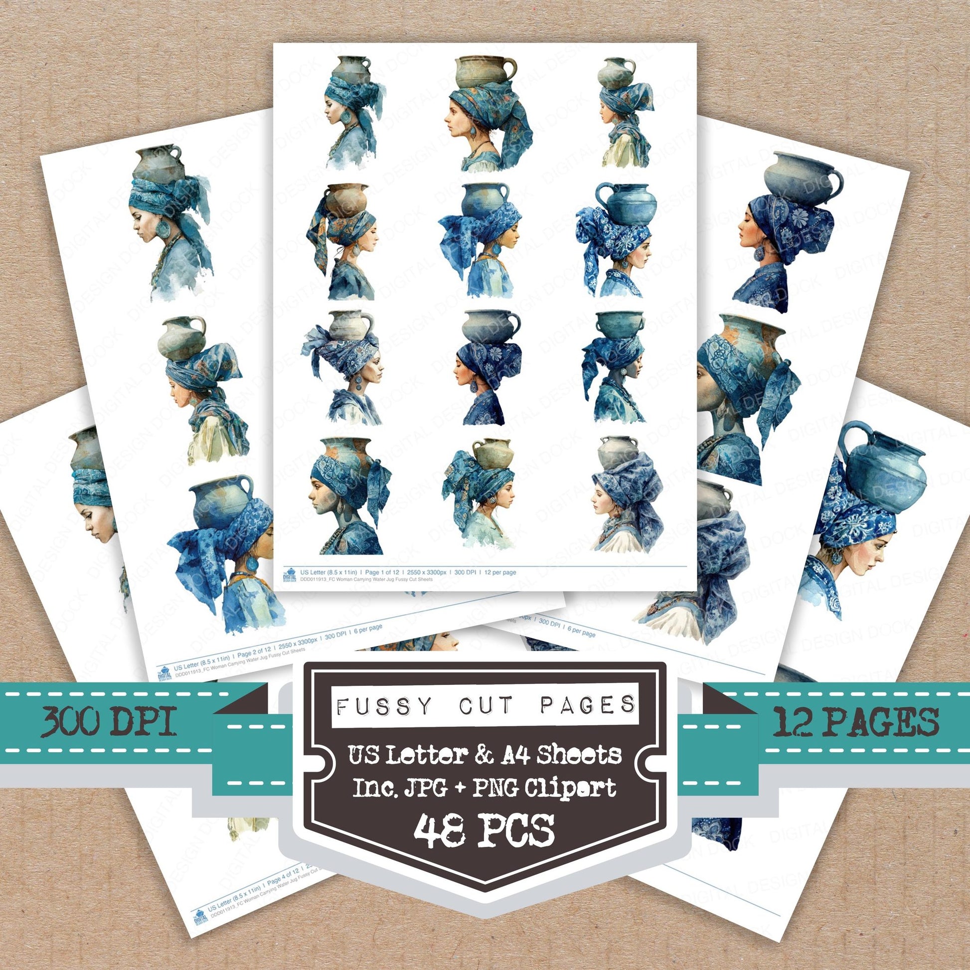 Woman Carrying Water Jug fussy cut printable sheets for junk journaling, scrapbooking, and paper craft projects