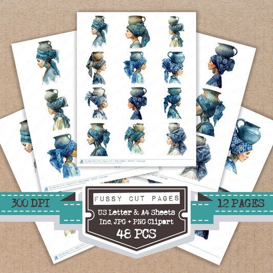 Woman Carrying Water Jug fussy cut printable sheets for junk journaling, scrapbooking, and paper craft projects