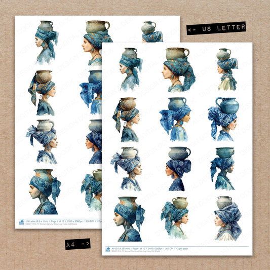 A4 and US Letter format comparison showing Woman Carrying Water Jug fussy cut pages for print and cut crafting
