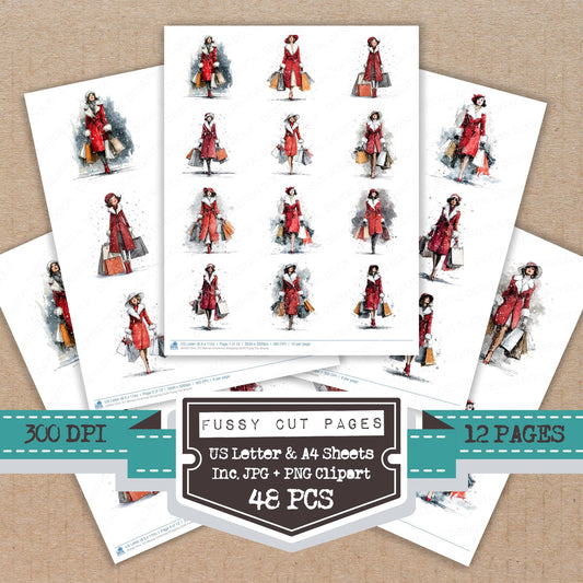 Woman Christmas Shopping Outfit fussy cut printable sheets for junk journaling, scrapbooking, and paper craft projects
