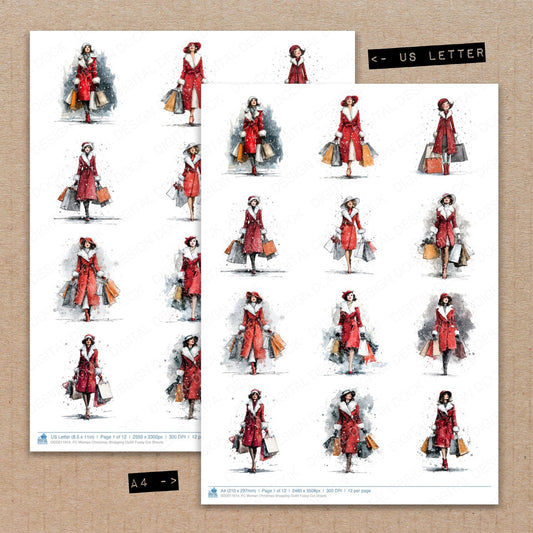 A4 and US Letter format comparison showing Woman Christmas Shopping Outfit fussy cut pages for print and cut crafting