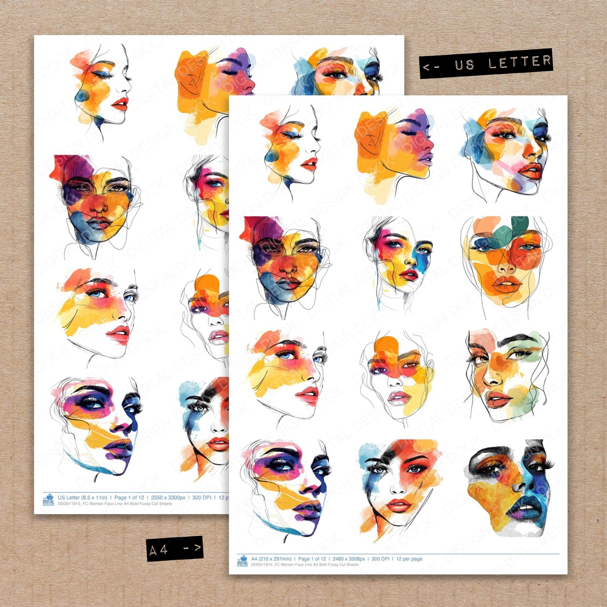 A4 and US Letter format comparison showing Woman Face Line Art Bold fussy cut pages for print and cut crafting