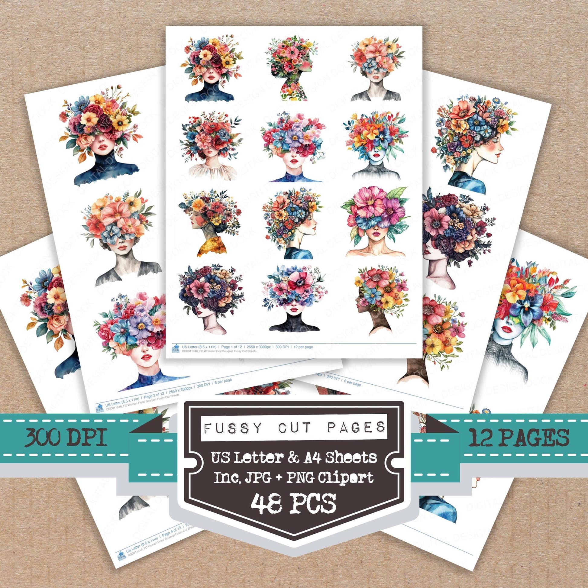 Woman Floral Bouquet fussy cut printable sheets for junk journaling, scrapbooking, and paper craft projects