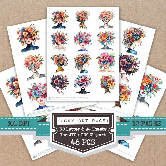 Woman Floral Bouquet fussy cut printable sheets for junk journaling, scrapbooking, and paper craft projects