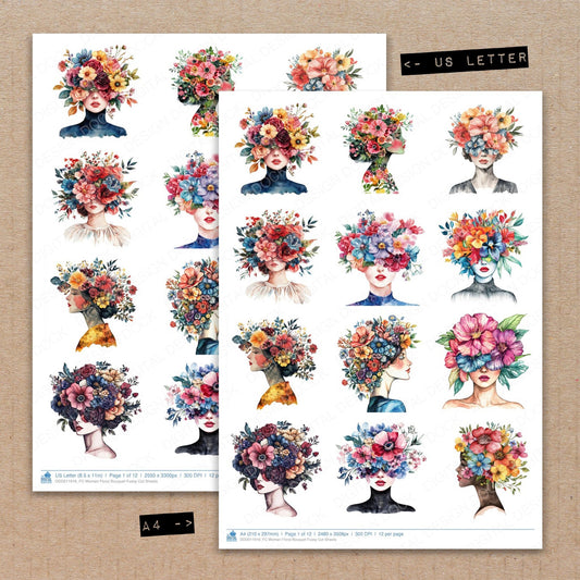 A4 and US Letter format comparison showing Woman Floral Bouquet fussy cut pages for print and cut crafting