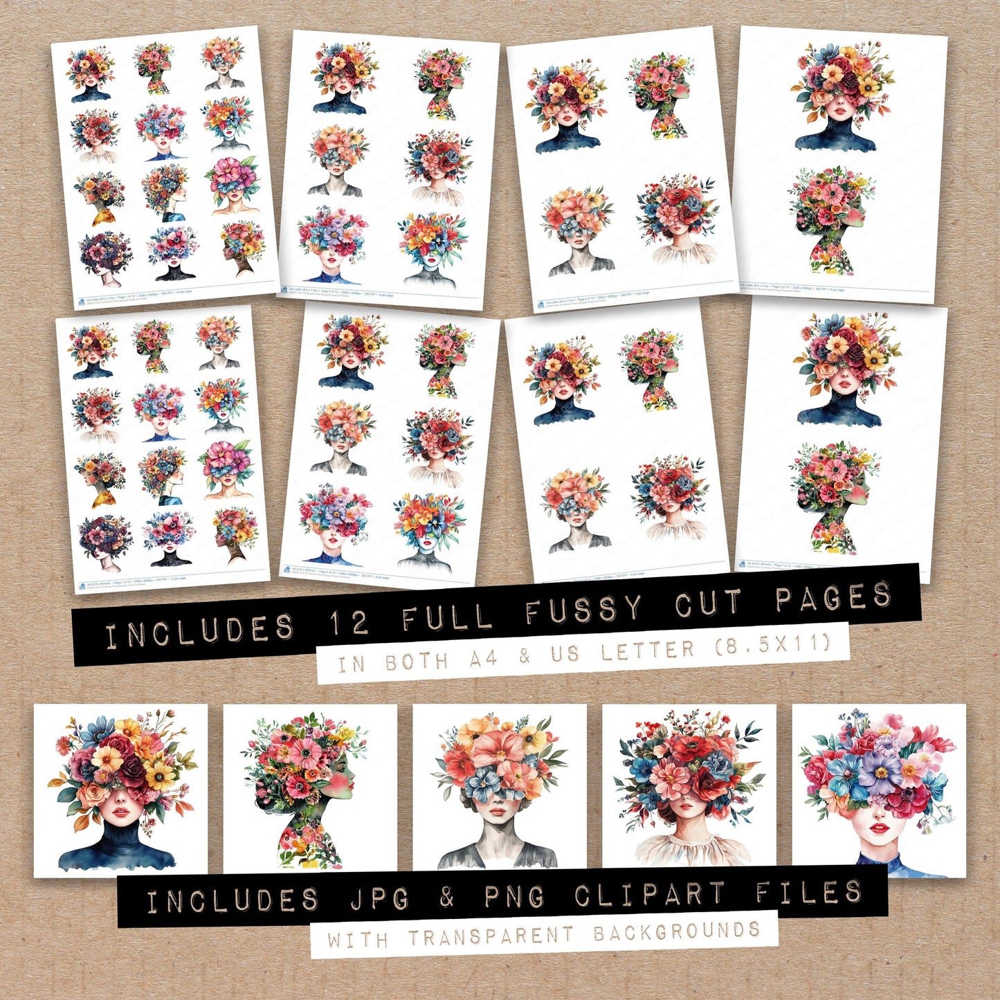 Full collection view of Woman Floral Bouquet fussy cut sheets with bonus clipart JPG and PNG files