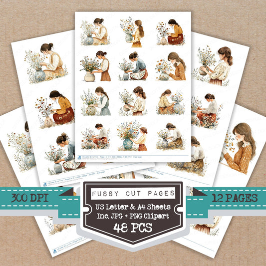 Woman Flower Arranging fussy cut printable sheets for junk journaling, scrapbooking, and paper craft projects