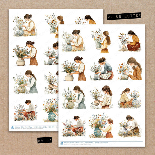 A4 and US Letter format comparison showing Woman Flower Arranging fussy cut pages for print and cut crafting