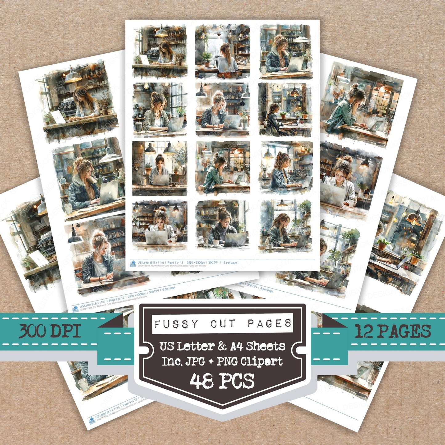 Woman in Cafe Working on Laptop fussy cut printable sheets for junk journaling, scrapbooking, and paper craft projects