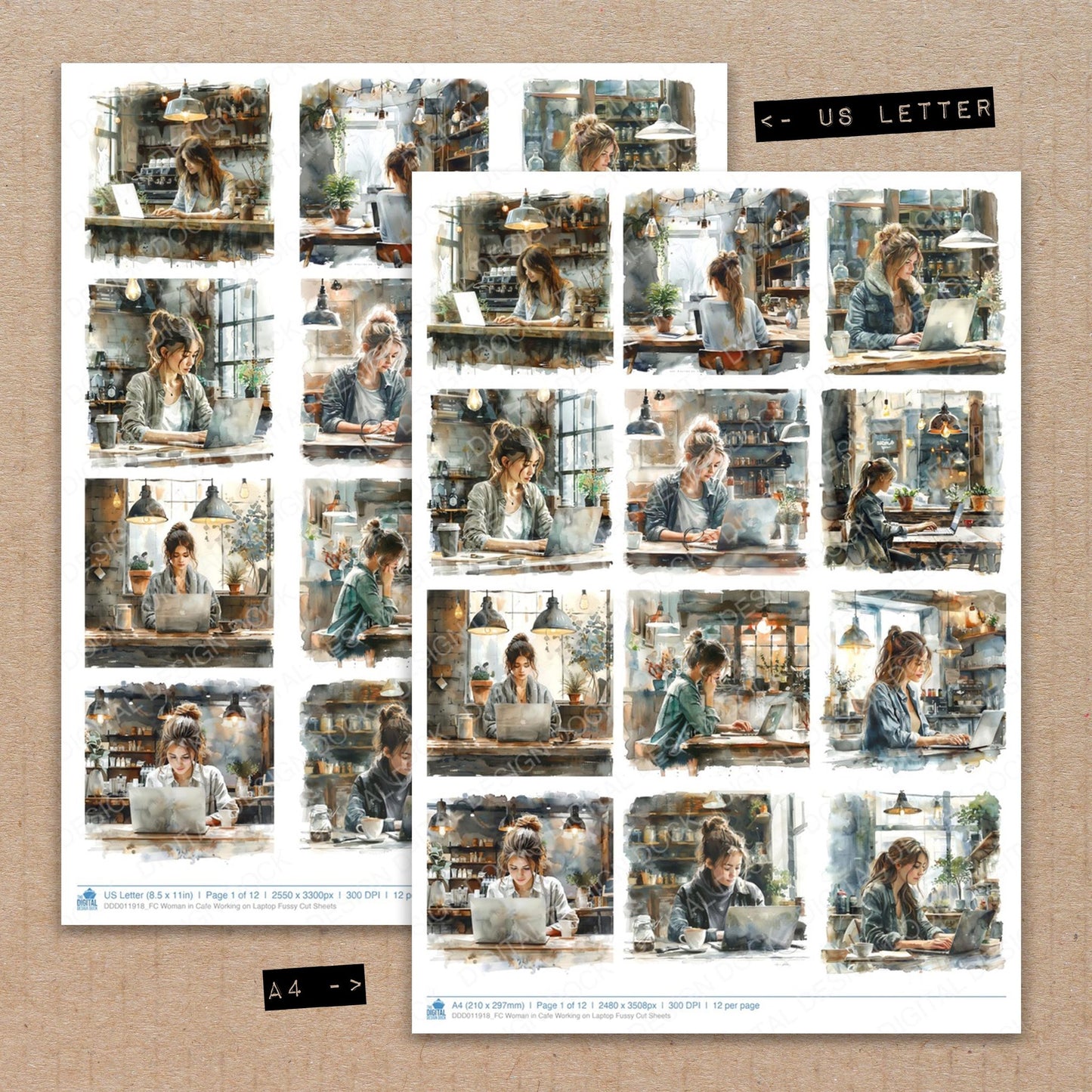 A4 and US Letter format comparison showing Woman in Cafe Working on Laptop fussy cut pages for print and cut crafting
