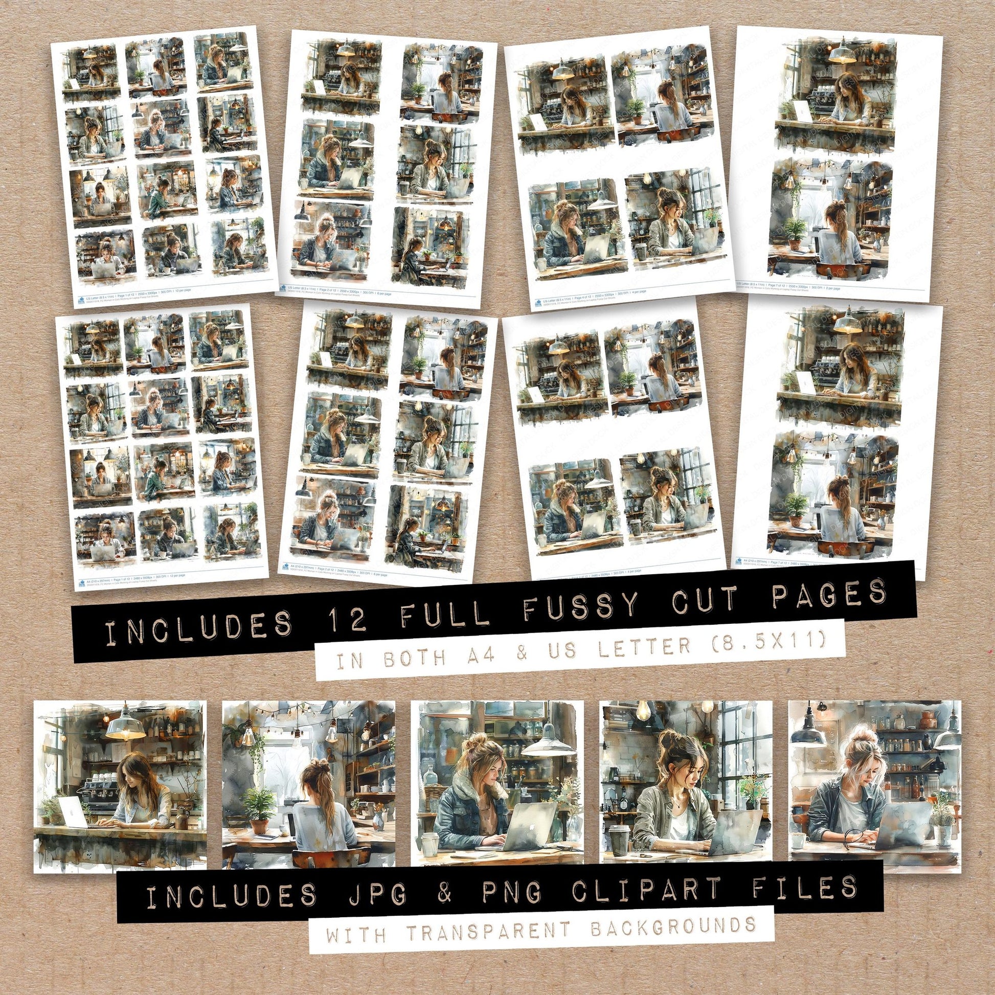 Full collection view of Woman in Cafe Working on Laptop fussy cut sheets with bonus clipart JPG and PNG files