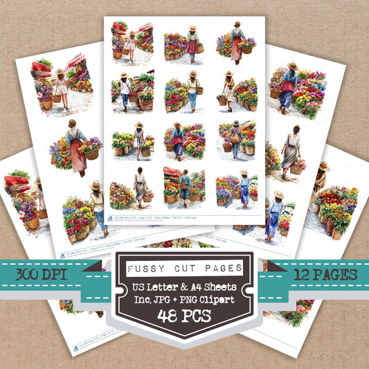 Woman in Flower Market fussy cut printable sheets for junk journaling, scrapbooking, and paper craft projects