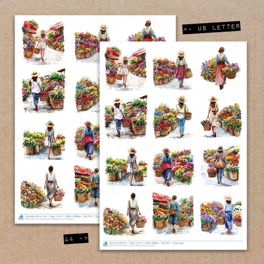 A4 and US Letter format comparison showing Woman in Flower Market fussy cut pages for print and cut crafting