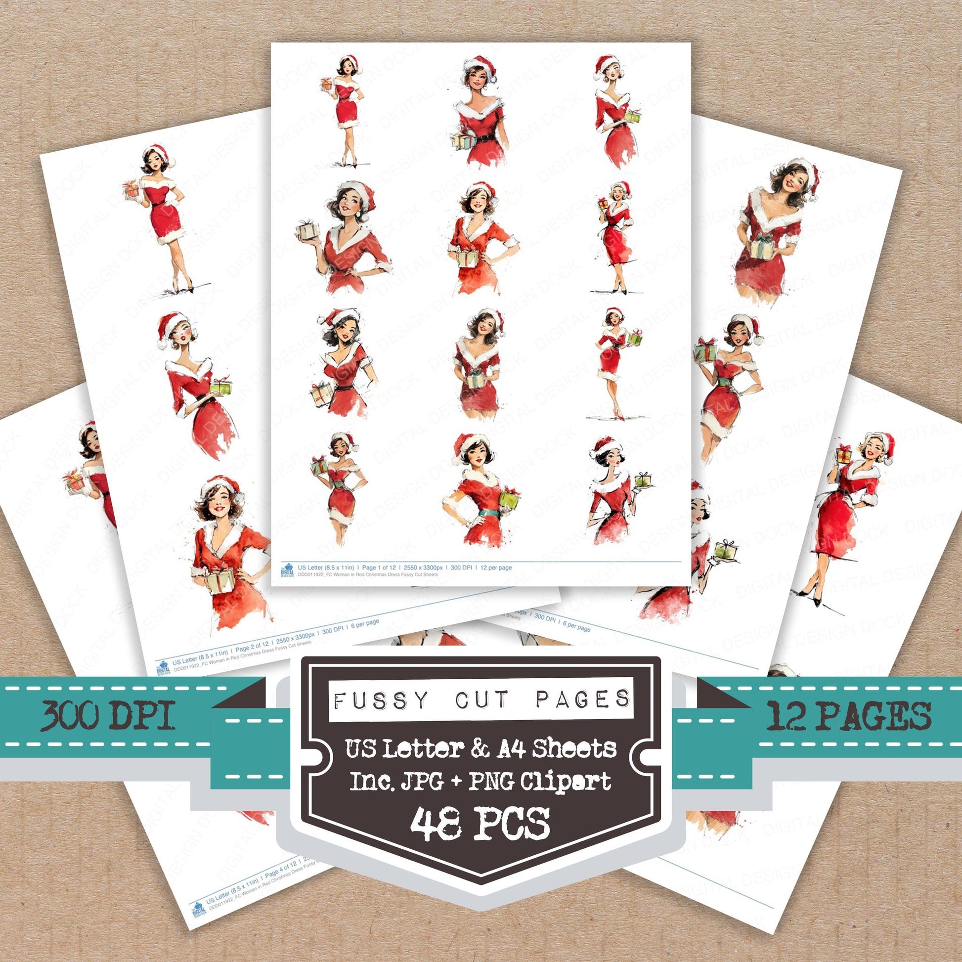 Woman in Red Christmas Dress fussy cut printable sheets for junk journaling, scrapbooking, and paper craft projects