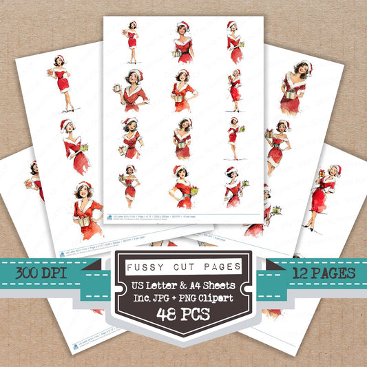 Woman in Red Christmas Dress fussy cut printable sheets for junk journaling, scrapbooking, and paper craft projects
