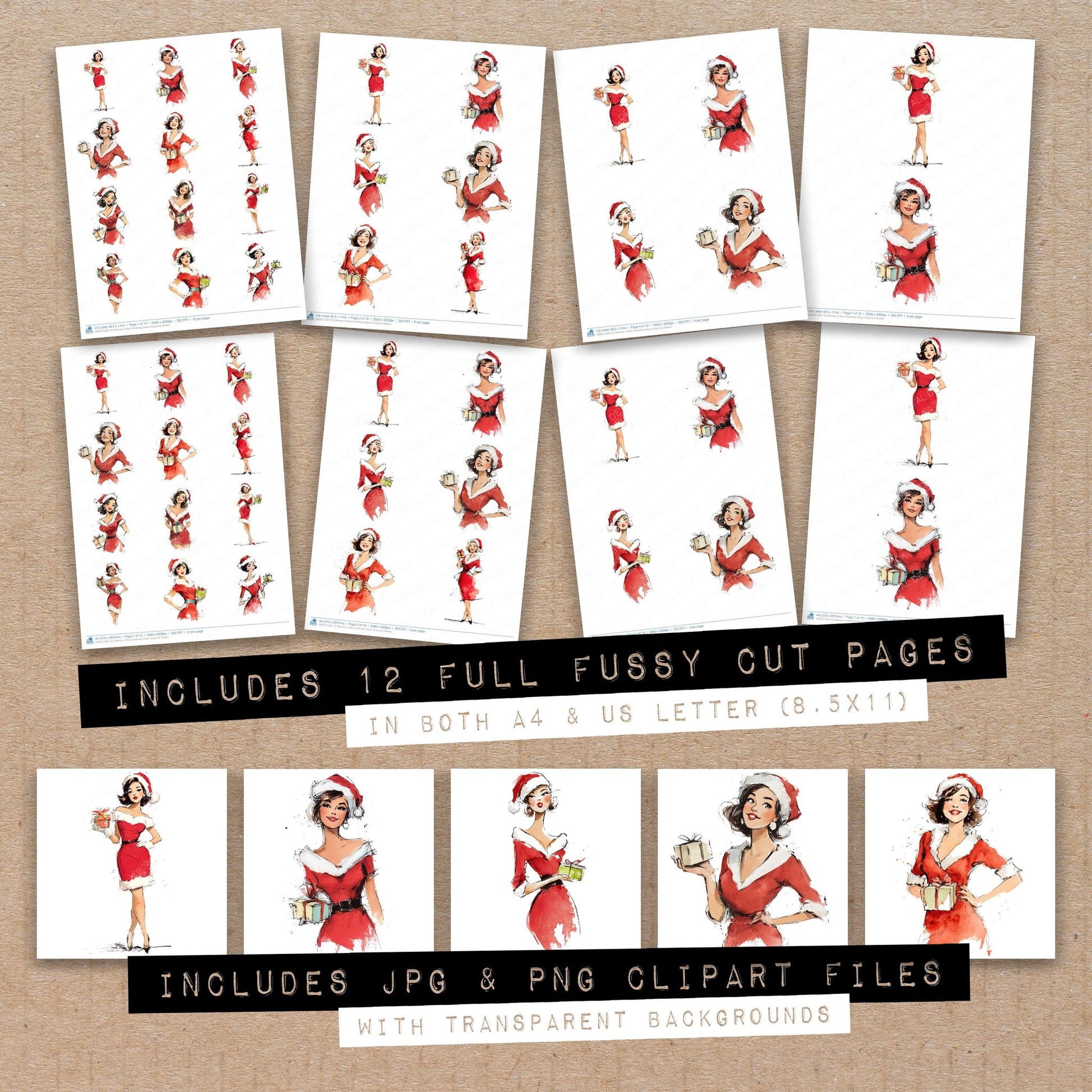 Full collection view of Woman in Red Christmas Dress fussy cut sheets with bonus clipart JPG and PNG files