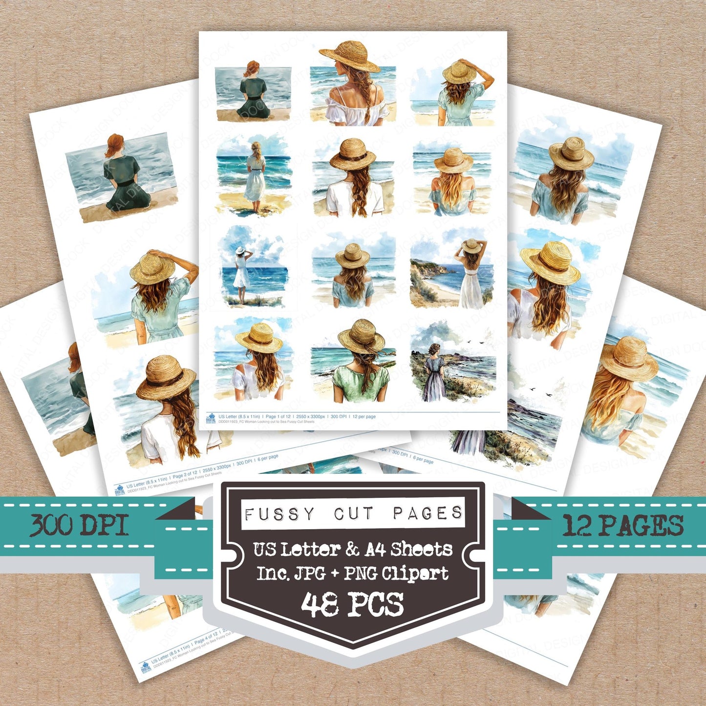 Woman Looking out to Sea fussy cut printable sheets for junk journaling, scrapbooking, and paper craft projects