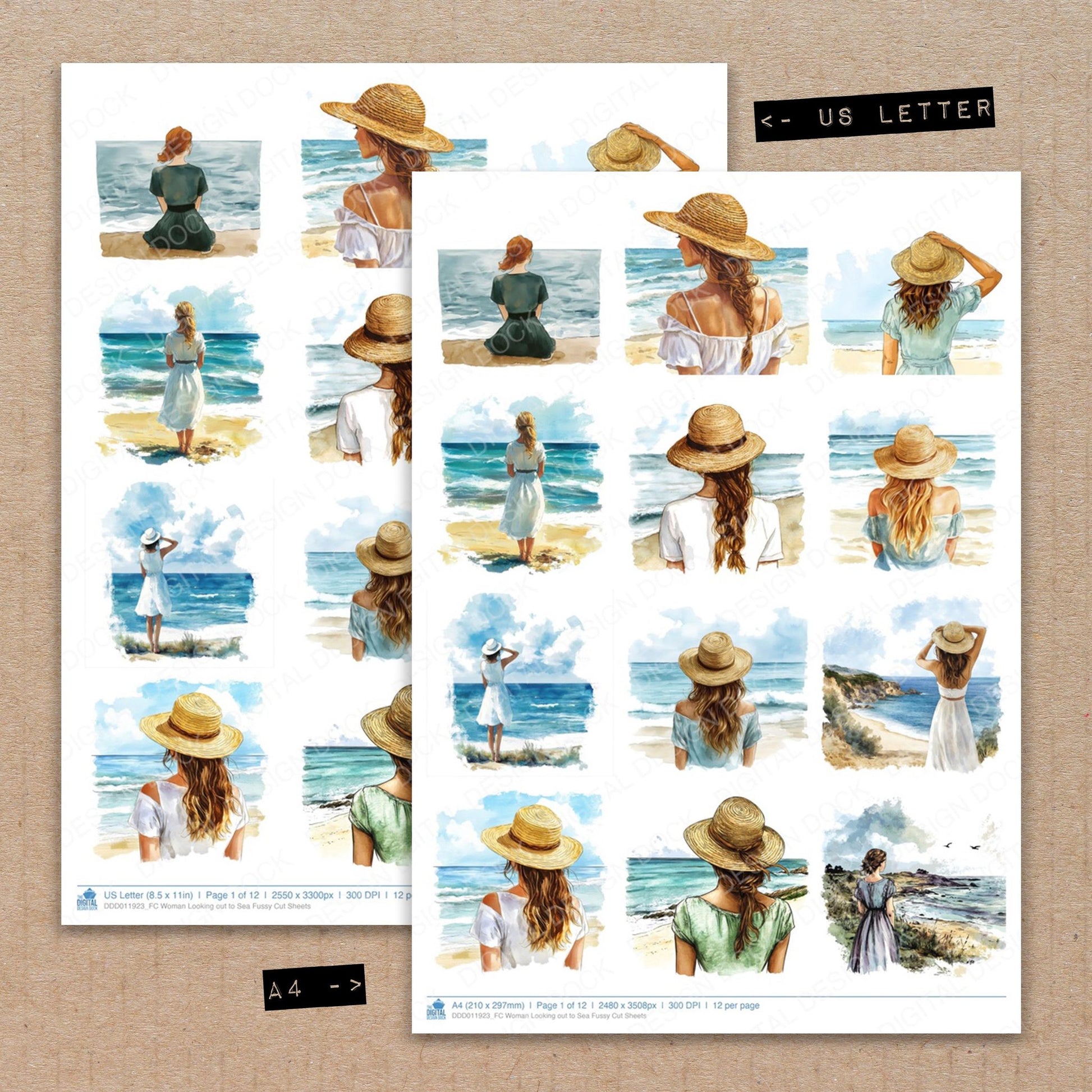 A4 and US Letter format comparison showing Woman Looking out to Sea fussy cut pages for print and cut crafting
