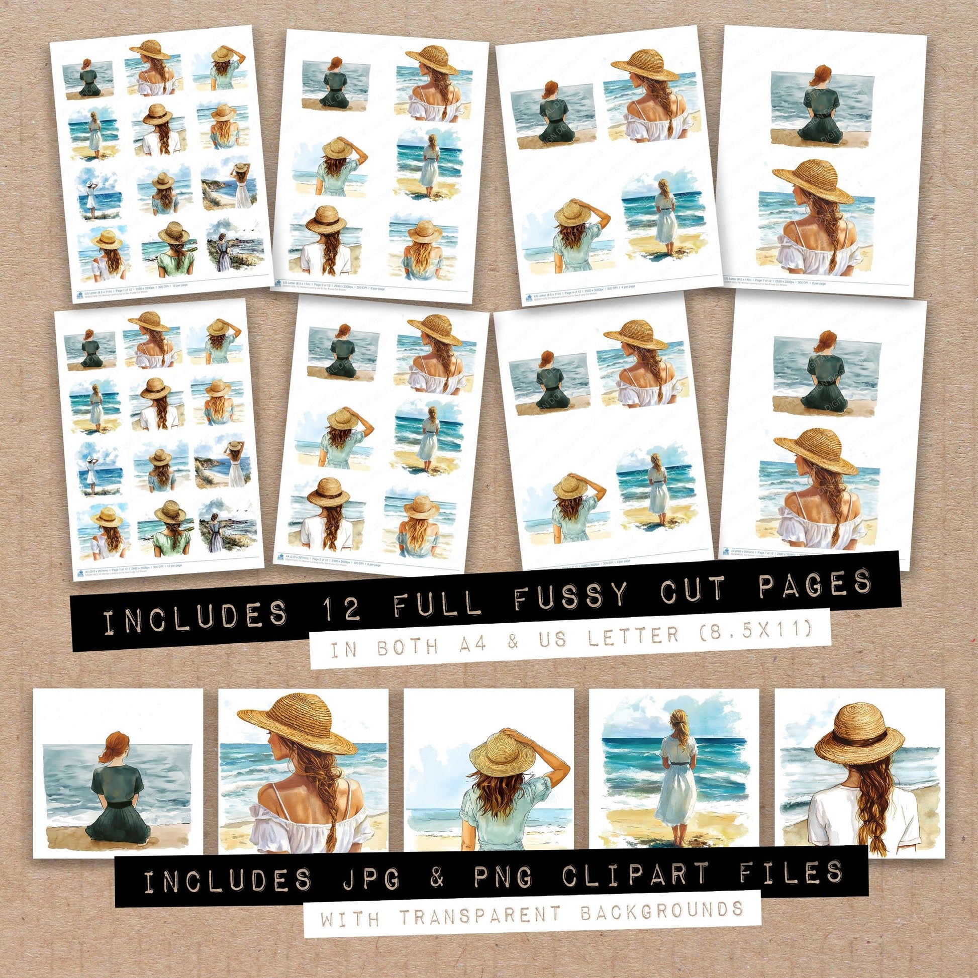Full collection view of Woman Looking out to Sea fussy cut sheets with bonus clipart JPG and PNG files