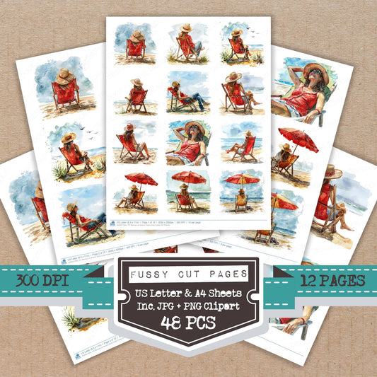 Woman on Beach Deck Chair fussy cut printable sheets for junk journaling, scrapbooking, and paper craft projects