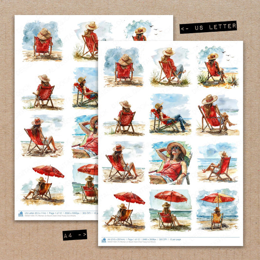A4 and US Letter format comparison showing Woman on Beach Deck Chair fussy cut pages for print and cut crafting