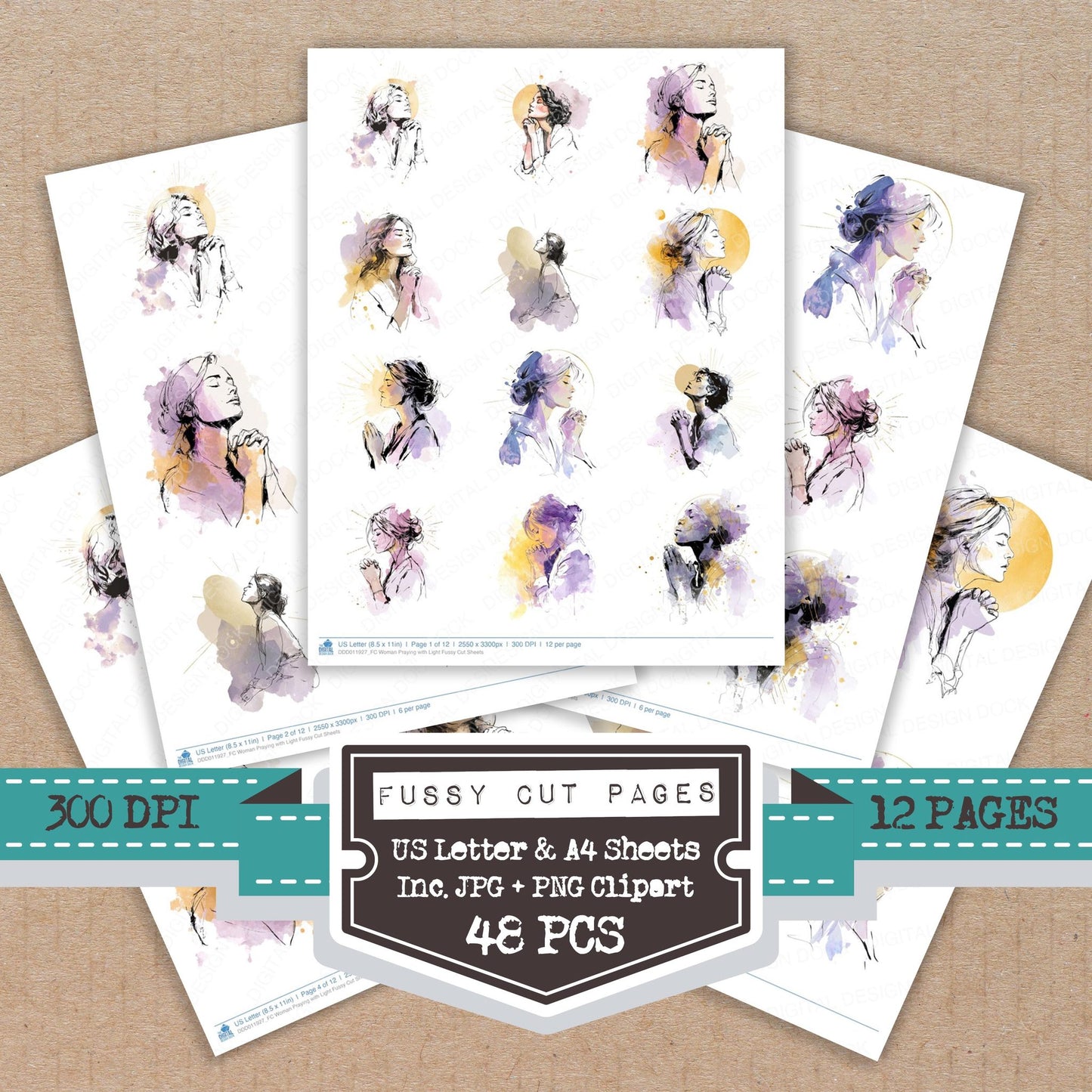 Woman Praying with Light fussy cut printable sheets for junk journaling, scrapbooking, and paper craft projects