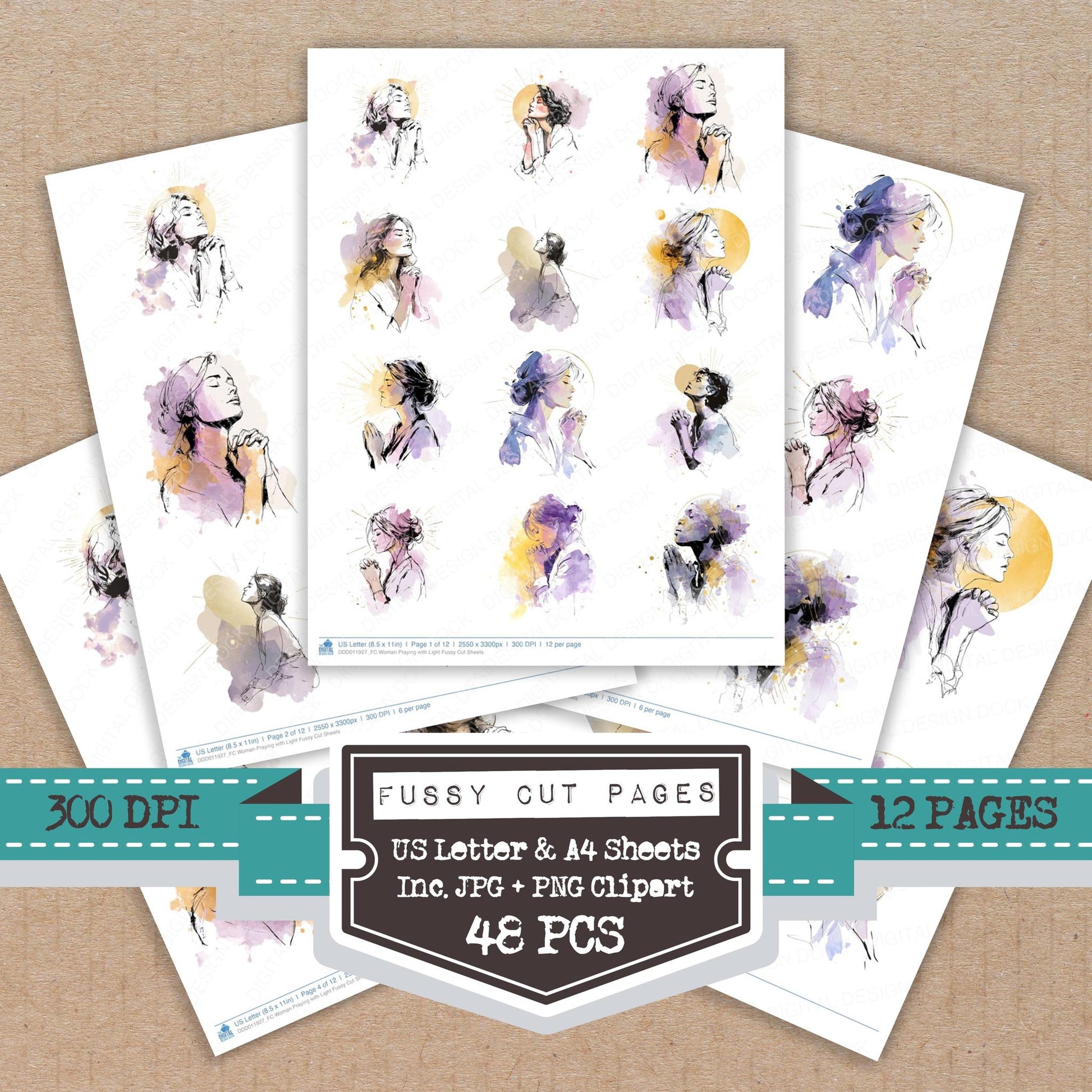 Woman Praying with Light fussy cut printable sheets for junk journaling, scrapbooking, and paper craft projects