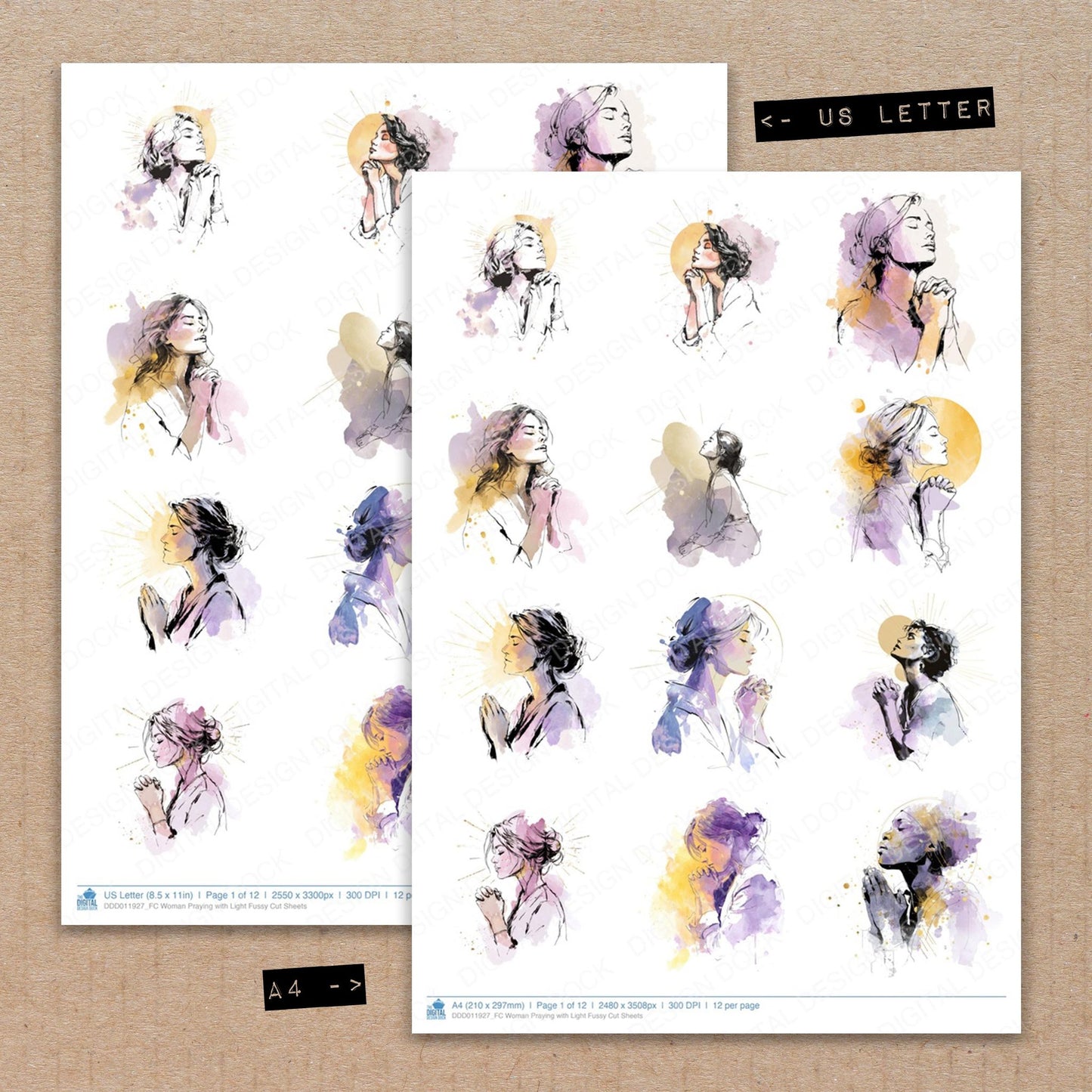 A4 and US Letter format comparison showing Woman Praying with Light fussy cut pages for print and cut crafting