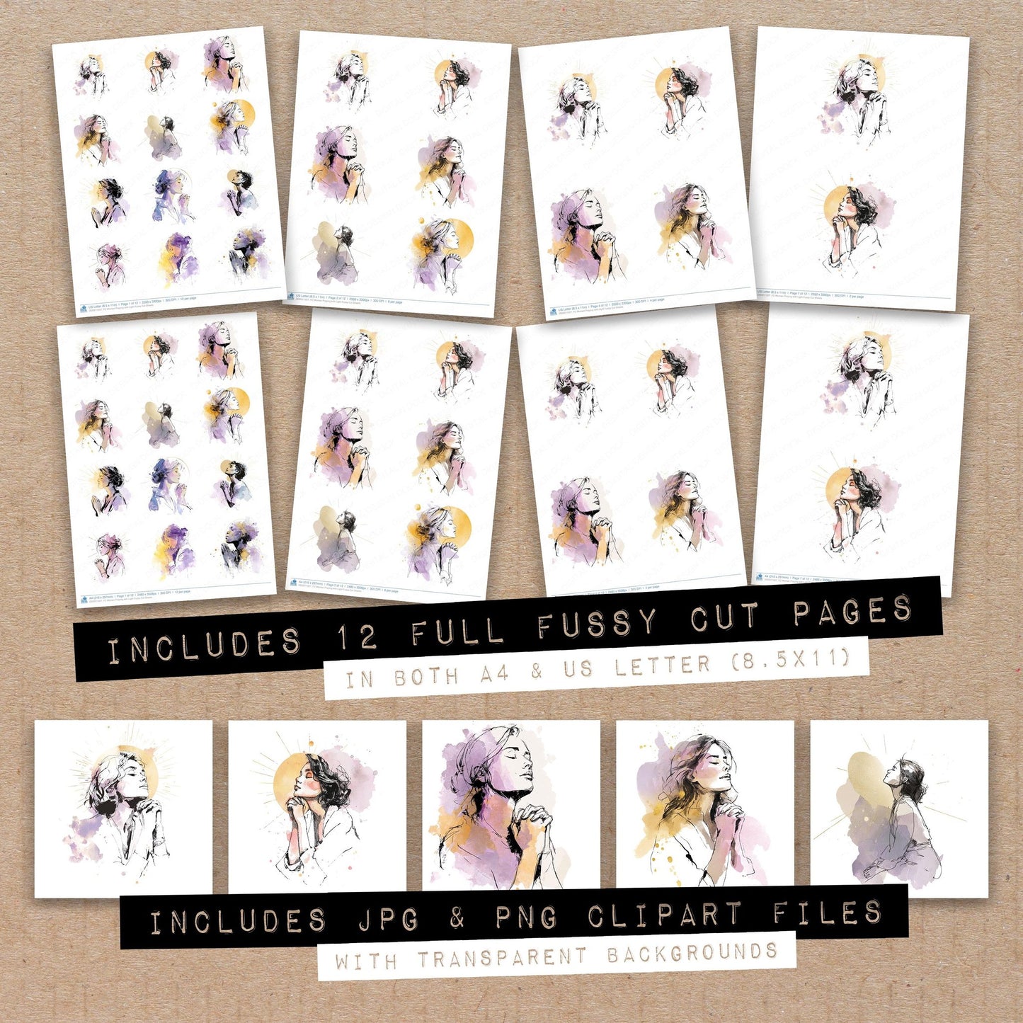 Full collection view of Woman Praying with Light fussy cut sheets with bonus clipart JPG and PNG files