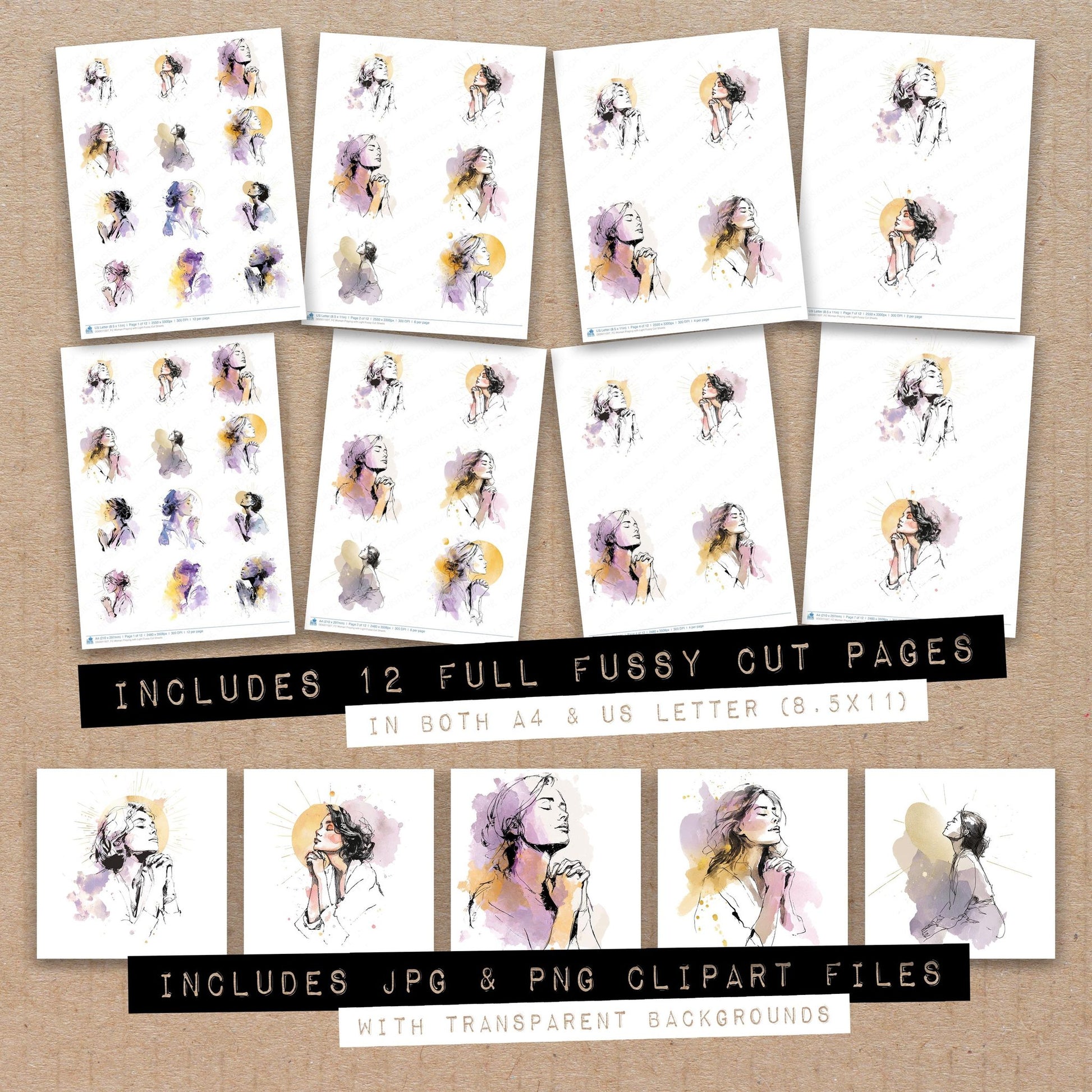 Full collection view of Woman Praying with Light fussy cut sheets with bonus clipart JPG and PNG files
